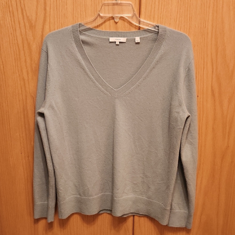 Women's V-Neck Sweater - Light Blue 100% Cashmere Sz L